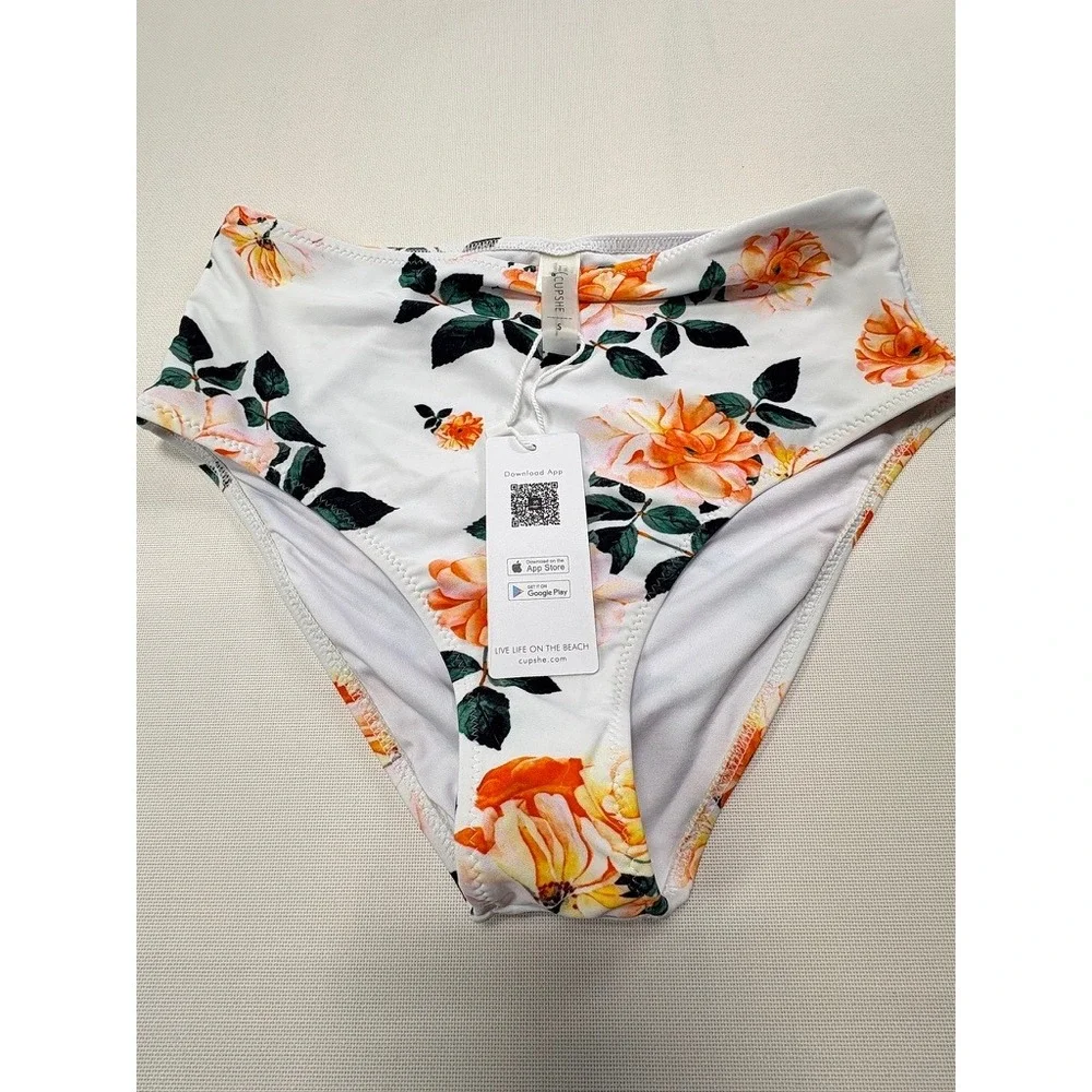 CUPSHIE High Waisted Bikini Bottoms Floral Print Orange‎ Roses White Size S